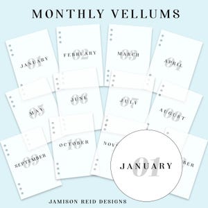 May include: A collection of white vellum sheets, each labeled with a month from January to December. The text "MONTHLY VELLUMS" is at the top, with "JAMISON REID DESIGNS" at the bottom. Each sheet has a number and month printed in gray.