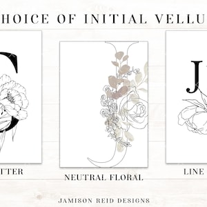 May include: Three framed art prints with initial letters and floral designs. The options include a black and white letter with flowers, a neutral floral design, and a line floral design. The text "CHOICE OF INITIAL VELLUM" is at the top.