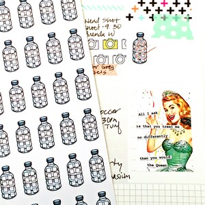 May include: A sheet of stickers with illustrations of water bottles. The stickers are white with blue and black outlines. The stickers are arranged in rows and columns. The sheet is on a white background with a grid pattern. There is a quote on the right side of the image that reads: "All I ask is that you treat me no differently than you would the Queen."