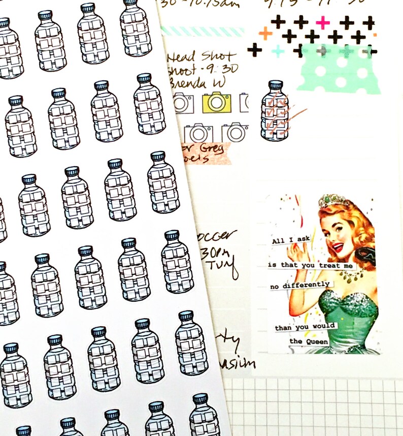 May include: A sheet of stickers with illustrations of water bottles. The stickers are white with blue and black outlines. The stickers are arranged in rows and columns. The sheet is on a white background with a grid pattern. There is a quote on the right side of the image that reads: "All I ask is that you treat me no differently than you would the Queen."
