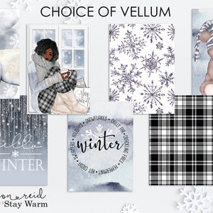 May include: A collection of winter-themed digital papers featuring a polar bear, a woman in a winter outfit, snowflakes, a plaid pattern, a bear with a lamb, and a watercolor design with the text "hello winter".