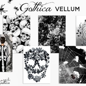 May include: A set of six digital printable images featuring black and white illustrations of skulls, flowers, spiders, and a skeleton. The images are titled "Gothica Vellum".