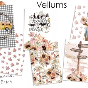 May include: Five printable digital papers featuring fall themes. The papers include a gingham pattern with a truck carrying pumpkins, a floral pattern with sunflowers and pumpkins, a pattern of autumn leaves, a signpost with the words "Cider", "Pumpkin", and "Maze", and a woman holding a bouquet of flowers.