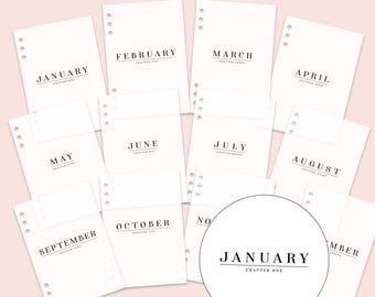 May include: A selection of white vellum sheets, each marked with a month from January to December. The text "MONTHLY VELLUMS" and "JAMISON REID DESIGNS" are at the top and bottom. Each sheet is pre-punched with three holes for binding.