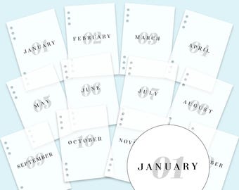 May include: A set of white vellum sheets, each marked with a month from January to December. The words "MONTHLY VELLUMS" are at the top, with "JAMISON REID DESIGNS" at the bottom. Each sheet has a number and month printed in grey.