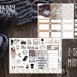 May include: A two-sheet mini kit of winter-themed planner stickers. The stickers feature a variety of designs, including snowflakes, a knitted pattern, a girl in a winter coat, and the text "Winter Day".