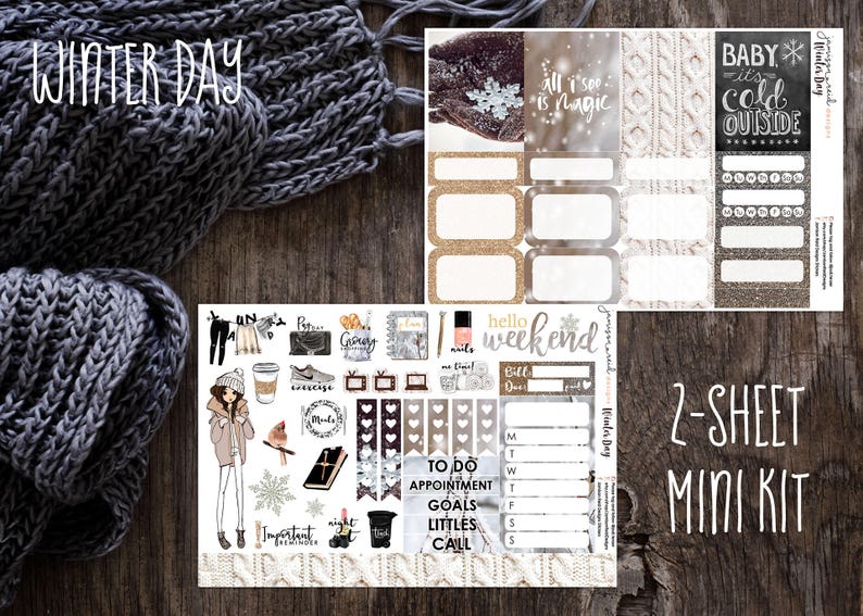 May include: A two-sheet mini kit of winter-themed planner stickers. The stickers feature a variety of designs, including snowflakes, a knitted pattern, a girl in a winter coat, and the text "Winter Day".