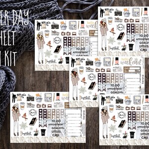 May include: A set of three printable planner stickers with a winter theme. The stickers feature a woman in a winter coat, a coffee cup, a book, and other winter-themed elements. The stickers are designed to be used in a planner or journal.