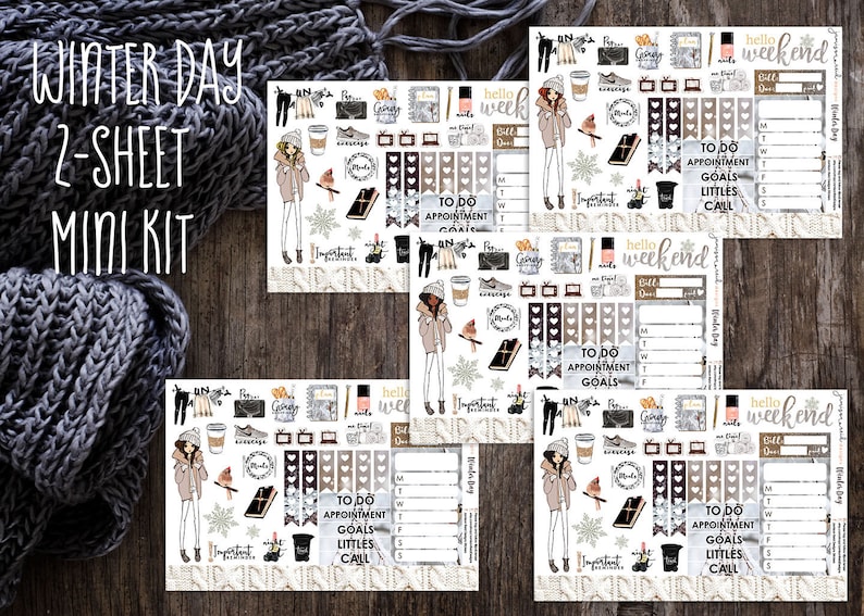 May include: A set of three printable planner stickers with a winter theme. The stickers feature a woman in a winter coat, a coffee cup, a book, and other winter-themed elements. The stickers are designed to be used in a planner or journal.