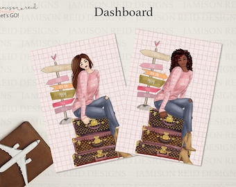 May include: Two illustrations of women sitting on top of stacked suitcases with directional signs pointing to various cities. The signs read "Paris", "Tokyo", "New York", "Miami", "Dubai", and "Rome".