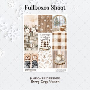 May include: A fullboxes sheet with a winter theme. The sheet features various cozy illustrations, including a window scene, a cup of coffee, and a stack of books. Text includes "A cozy night in is always a good idea" and "Beary Cozy Season".