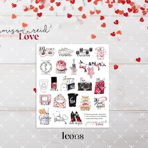 Arkusz naklejek LOVE a la carte ICONS Planner, naklejka Fashion Girl, Eclp, Hp, bullet, journal, Hobonichi, bujo, Walentynki
