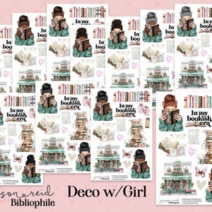 BIBLIOPHILE a la carte Planner Deco Sheet WITH GIRL , Fashion Girl Stickers  , Eclp , Hp  , journal , Hobonichi , bujo , winter , books