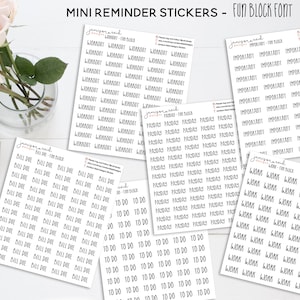 May include: A set of 10 sheets of mini reminder stickers with a fun block font. The stickers feature the words "Workout", "Payday", "Important", "To Do", and "Work".