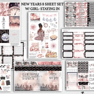 New Years 8 sheet Staying In Planner Sticker Set | fashion girl stickers | decorative | bujo | bullet journal | eclp | weekly | 2026 | hp