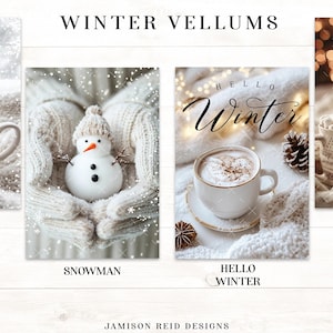 May include: A collection of winter-themed images. One image shows a cup of coffee, another a snowman held in mittens, a third with a cup of coffee with the text "Hello Winter", and a final image with two mugs of cocoa with marshmallows.