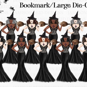 Könnte beinhalten: Ein Satz von 10 druckbaren Hexen-Lesezeichen mit einem schwarzen Kleid, einem Hexenhut und einem Besen. Die Lesezeichen sind in einer Reihe angeordnet und haben unterschiedliche Hauttöne und Haarfarben. Der Text "Bookmark/Large Die-Cut" befindet sich oben im Bild.