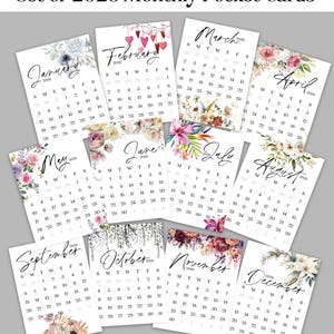 Puede incluir: Juego de 12 tarjetas de bolsillo mensuales para 2026. Cada tarjeta presenta un calendario con ilustraciones florales y botánicas. Los meses incluyen enero a diciembre. Ideal para organización.