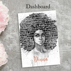 May include: A black and white watercolor illustration of a woman with an afro. The afro is made up of words describing positive attributes, such as "strong", "confident", "gifted", and "beautiful". The woman's name, "Donna", is written in gold lettering at the bottom of the image.