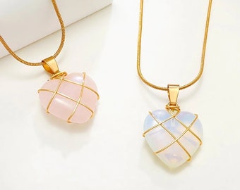 Ensemble 2 pièces : Collier en cristal en forme de cœur enveloppé de fil - inspiré du cadenas en diamant, rose et blanc