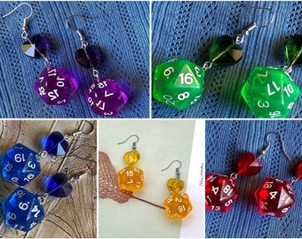 Boucles d'oreilles colorées avec dés D20 - inspirées des jeux de rôle, stylo & papier, DSA