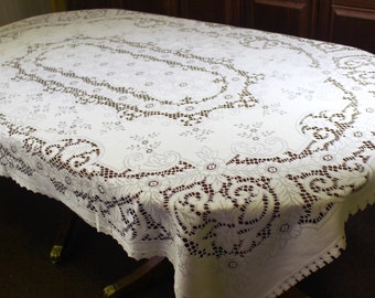 Vintage Cream lace tablecloth, vintage decor Rectangular table covering for weddings or tea parties, Cotton floral tablecloth