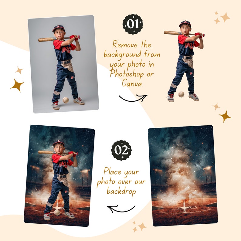 May include: A young baseball player in a red, navy, and white uniform, holding a bat and ball. The image shows a step-by-step guide on how to remove the background of a photo and place it over a backdrop. Text includes "Remove the background from your photo in Photoshop or Canva."