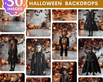 May include: A set of 50 digital Halloween backdrops featuring pumpkins, fall leaves, and string lights. The backdrops are perfect for creating spooky and festive photos.
