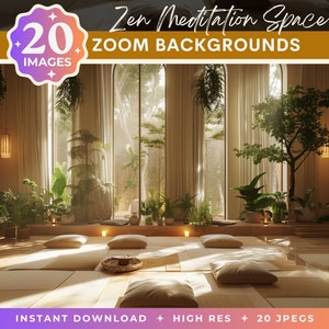 以下が含まれることがあります： 緑豊かな森を見渡す大きな窓のある禅の瞑想スペース。部屋は植物で飾られ、木製の床があります。床には瞑想に最適なクッションがいくつか置かれています。画像には「Zen Meditation Space Zoom Backgrounds」と「20 Images」のテキストが含まれています。