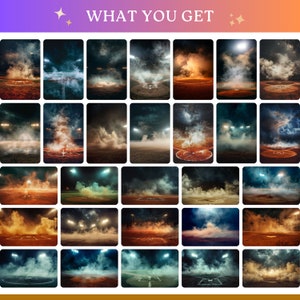 May include: A collection of digital backgrounds featuring various sports fields, including baseball, basketball, and soccer. Each background is illuminated by stadium lights and shrouded in atmospheric fog, with the text "WHAT YOU GET" at the top.