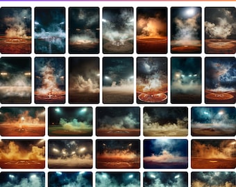 Baseball Stadium Sports Photography Backdrops: 50 Night Smoke Fog Digital Backgrounds (Download)