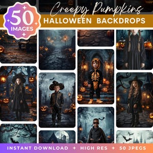 May include: A digital product image featuring a collection of Halloween backdrops. The title reads "Creepy Pumpkins" with the text "50 Images" and "Halloween Backdrops". The images showcase children in costumes and spooky scenes with jack-o'-lanterns.