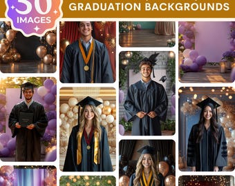May include: A set of 50 graduation background images for digital photography. The images feature a variety of backdrops, including a purple balloon arch, a wooden floor with string lights, and a red curtain with gold string lights. The images are high resolution and perfect for creating professional-looking graduation photos.