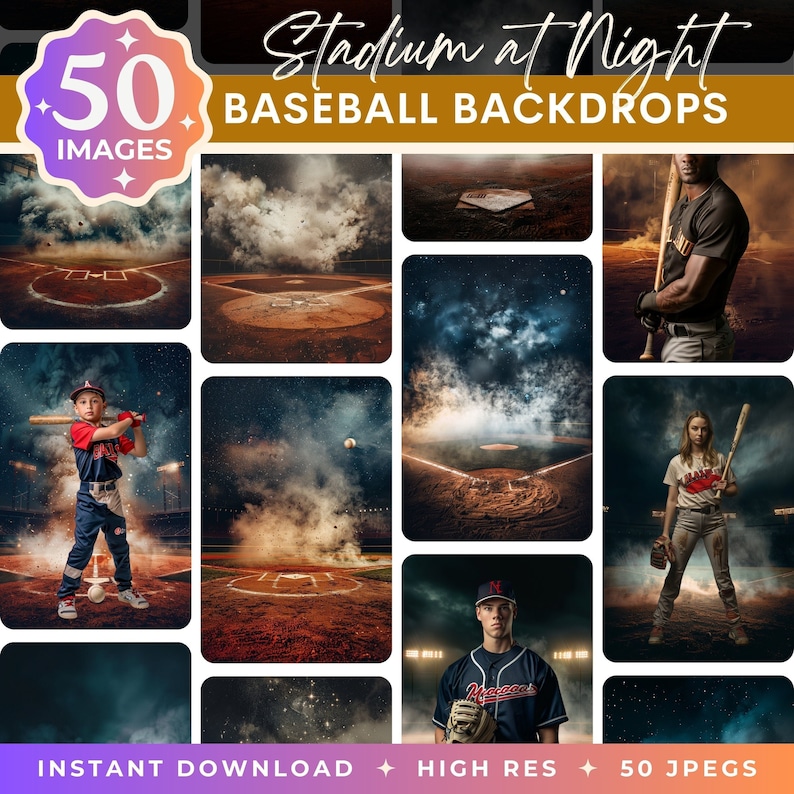 May include: A digital product image featuring a collection of baseball backdrops with a night stadium theme. The image includes various baseball field scenes with players, and the text "Stadium at Night Baseball Backdrops", "50 Images", "Instant Download", "High Res", and "50 JPEGs".