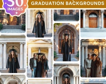 May include: A collection of graduation background images. The images show graduates in black gowns and mortarboards against different architectural backdrops. Text includes "Grand Entrance Graduation Backgrounds", "50 Images", "Instant Download", and "High Res".