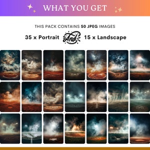 May include: A digital art pack featuring 50 JPEG images of baseball fields under dramatic skies. The pack includes 35 portrait and 15 landscape images. The text "WHAT YOU GET" and "THIS PACK CONTAINS 50 JPEG IMAGES" are visible.