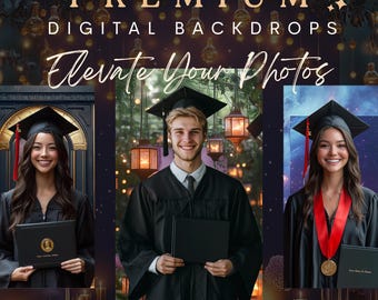 May include: Image promoting premium digital backdrops. The image features three graduates in caps and gowns, holding diplomas. The text reads "PREMIUM DIGITAL BACKDROPS Elevate Your Photos" and "SIMPLY DOWNLOAD & ADD YOUR PHOTO!"