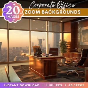 May include: A corporate office Zoom background featuring a large window with a view of a city skyline. The office is furnished with a large wooden desk, a leather chair, and a potted plant. The sun is shining through the window, creating a warm and inviting atmosphere.
