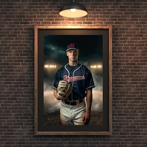 May include: A framed portrait of a baseball player in a navy blue jersey with "Moccasins" in red script. He wears a baseball cap with a red "N" and holds a baseball glove. The background shows a baseball field with stadium lights.