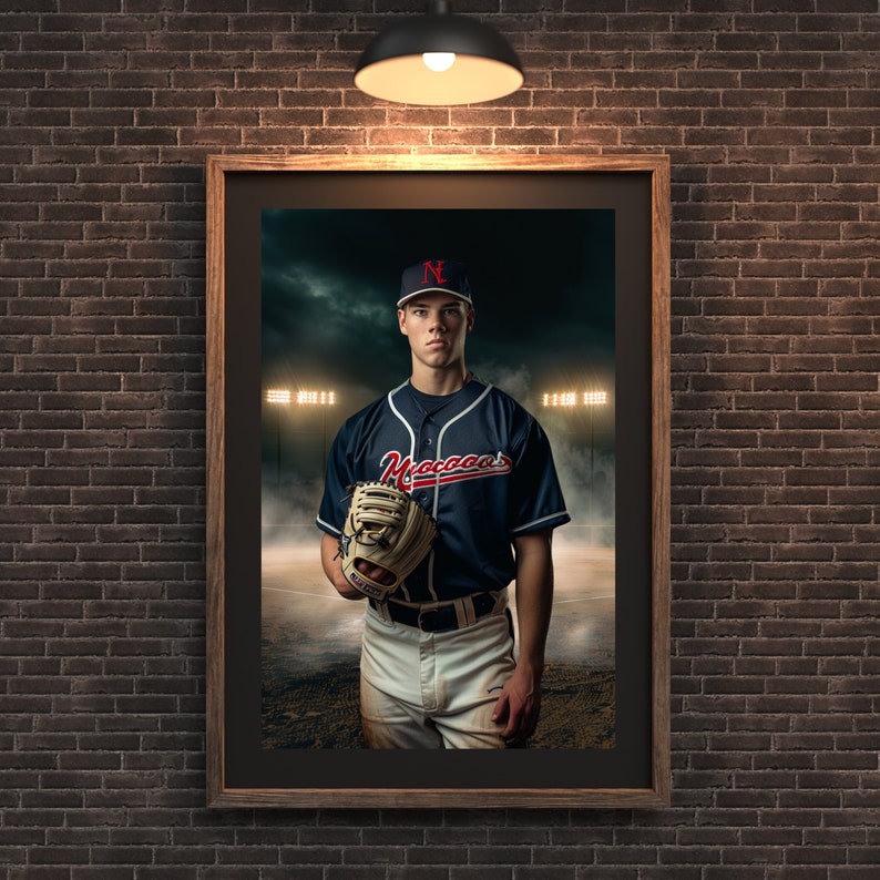 May include: A framed portrait of a baseball player in a navy blue jersey with "Moccasins" in red script. He wears a baseball cap with a red "N" and holds a baseball glove. The background shows a baseball field with stadium lights.