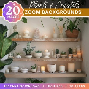 May include: A set of 20 digital zoom backgrounds featuring plants and crystals on a white shelf. The backgrounds are perfect for virtual meetings or online events.