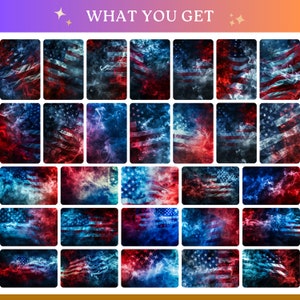 May include: A set of 25 digital images featuring the American flag with red, white, and blue colors, rendered in a smoky, abstract style.