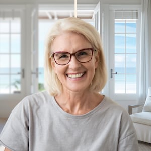 Könnte beinhalten: Eine Frau mit blonden Haaren lächelt und trägt eine rot umrandete Brille. Sie trägt ein graues T-Shirt und steht vor einem Fenster.