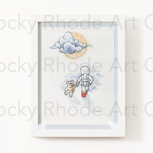 ASTRONAUTA, TEDDY, NOCHE, Con Moonboy (Arthur Intelligence) Auténtica impresión de arte en acuarela, impresión de pintura en acuarela