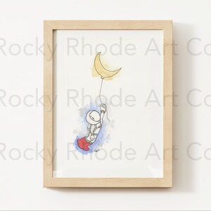 ASTRONAUTA, MOON, RISE, con Moonboy (Arthur Intelligence) Impresión de arte de acuarela auténtica, Impresión de pintura de acuarela