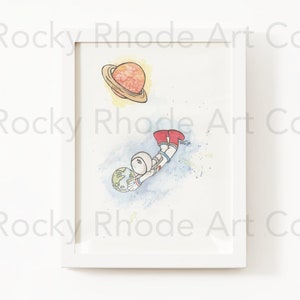 ASTRONAUTA, TIERRA, ESPACIO con Moonboy Arthur Intelligence. Impresión de arte de acuarela auténtica, Impresión de pintura de acuarela