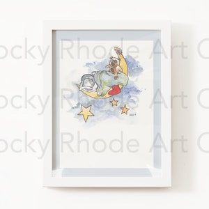 ASTRONAUTA, BUENAS NOCHES Con Moonboy (Arthur Intelligence) Auténtica impresión de arte de acuarela, impresión de pintura de acuarela