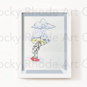 ASTRONAUTA, LLUVIA, PARAGUAS, Con Moonboy (Arthur Intelligence) Auténtica impresión de arte en acuarela, impresión de pintura en acuarela
