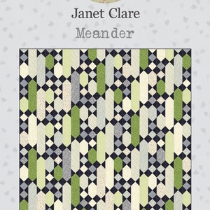 May include: A quilt pattern called "Meander" by Janet Clare. The quilt is made up of black, white, green, and gray fabric. The finished quilt dimensions are 80 x 80 inches.