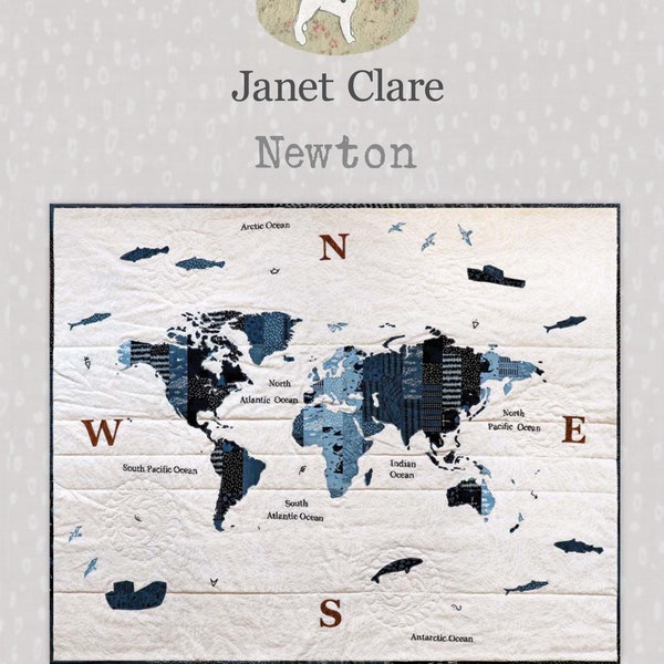 Newton- Quilt Pattern-A stunning world map wall hanging using fusible appliqué and free-motion stitching designed to be layer cake friendly!